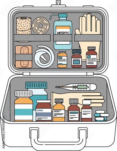 Vector illustration of open first aid kit with medical supplies, bandages, gloves, and medicine bottles