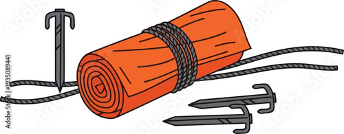 Vector illustration of rolled orange camping tent with stakes and ropes for outdoor adventure gear