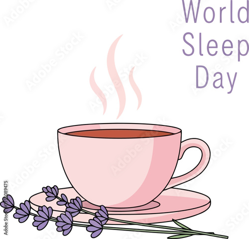 Pink Tea Cup with Lavender Flowers and Steam for World Sleep Day Relaxation Concept Illustration