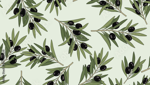 Continuous floral pattern of black olives on branches with green leaves, suitable for organic food packaging and textile print designs.