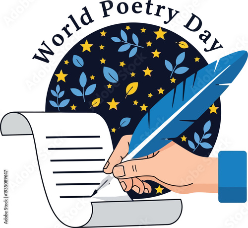 World Poetry Day celebration illustration with hand writing poem using quill and scroll, creative literature concept