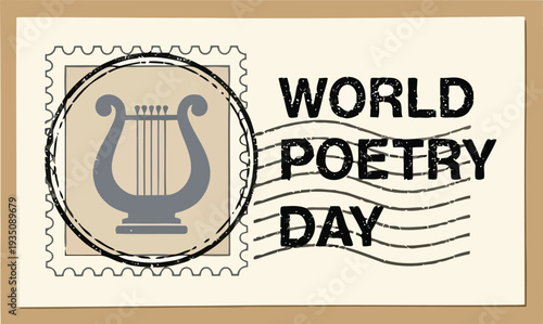 World Poetry Day postcard with vintage lyre stamp and artistic typography for literary celebration