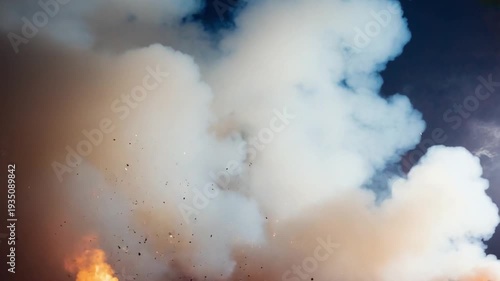 Intense fire with thick smoke and embers rising into night sky