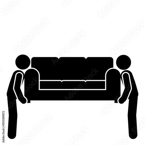 Two stick figures lifting sofa together