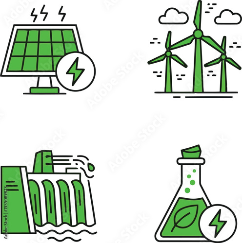 Green energy icons set featuring solar panel, wind turbines, hydroelectric dam, and biofuel laboratory flask