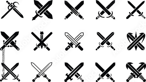 Crossed swords icon collection medieval weapon silhouettes knight combat blades heraldry symbols vintage warrior emblems black vector set isolated