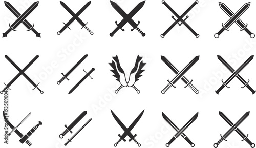 Crossed swords silhouette collection medieval weapon icons knight blades combat emblem set vintage heraldry logo black vector isolated design bundle
