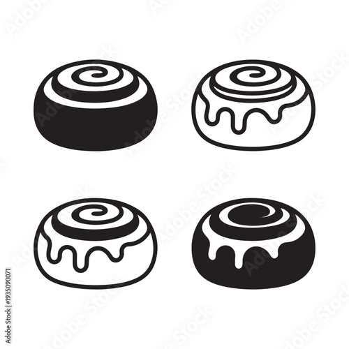 Four black and white of cinnamon rolls with icing pastry baked goods sweet dessert