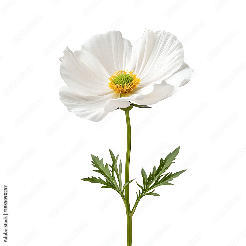 Fototapeta premium White Flower with Delicate Petals and Bright Yellow Center Isolated on a White Background