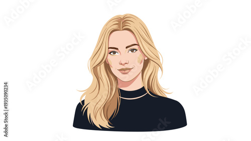 Beautiful young blonde woman with long wavy hair wearing a black turtleneck shirt, a realistic digital portrait for fashion use.
