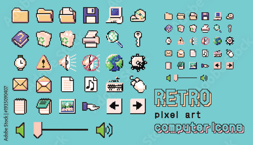 レトロPC風ピクセルアートアイコンセット（背景ありベクター）｜フォルダ・フロッピーディスク・メール・地球・警告・音量などの8bitコンピューターUI素材｜EPS/AI対応