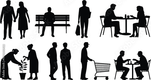 People silhouette collection daily life activities walking sitting shopping talking gardening cafe meeting black vector isolated illustration set