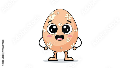 Cheerful cartoon egg character decorated with a floral pattern, smiling happily with its hands on its hips for Easter celebration.