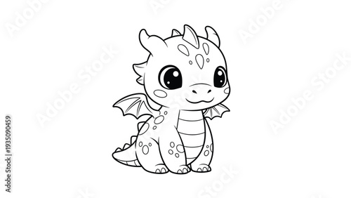 Adorable little baby dragon line art sitting and looking forward, a cute fantasy creature for children coloring books or stories.