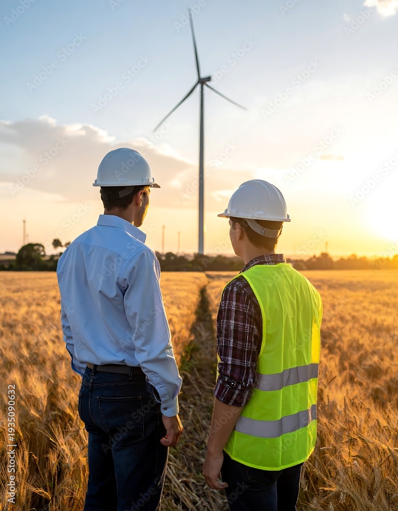 Fototapeta premium Two workers in a wheat field observing a wind turbine