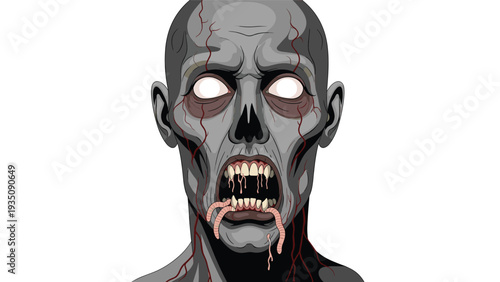 Terrifying zombie face with glowing white eyes and worms crawling out of its mouth, a scary horror character design for Halloween themes.