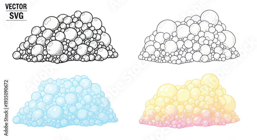 Hand-drawn bubble clusters in different styles and colors, vector illustration