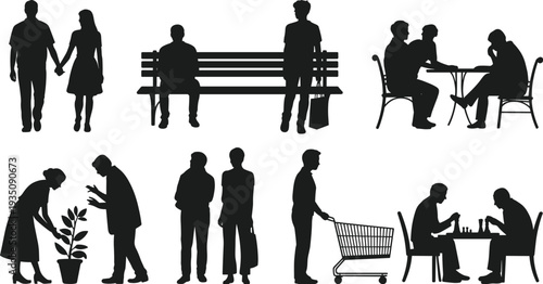 People silhouette set daily life activities walking couple sitting bench shopping cart cafe meeting gardening social interaction vector
