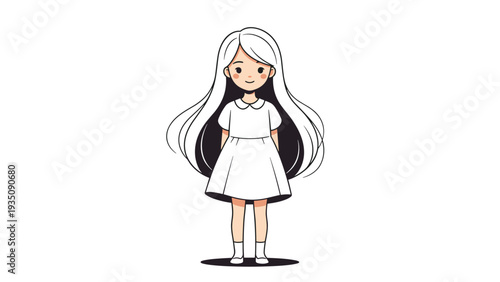 Sweet little girl with long flowing white hair wearing a simple white dress, a charming and innocent character design for children.