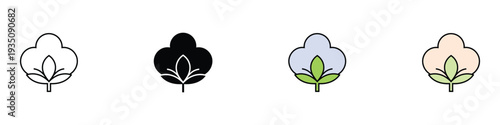 Cotton boll plant icon set. Natural organic fiber and textile material symbol. Vector Illustration.