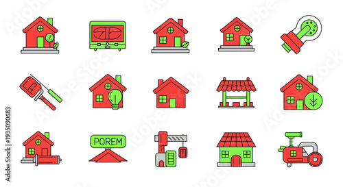 Home Improvement & Renovation Icons: House, Tools, Lightbulb, Construction, Sign