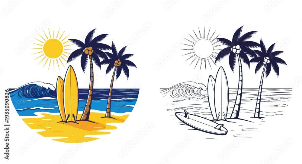 Obraz premium Tropical Beach Scene with Palm Trees and Surfboards