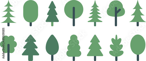 Tree icon collection forest nature plant silhouettes evergreen and deciduous trees green vector set isolated ecology landscape design