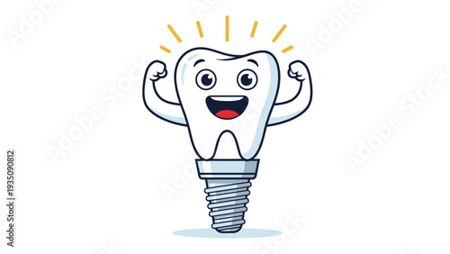Cute cartoon tooth character with happy face and muscular arms standing on a dental implant screw for oral health strength.