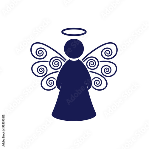 Stylized Angel Silhouette with Halo and Swirl Wings