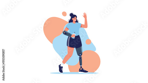 Young cheerful woman with prosthetic arm and leg standing in sportswear and holding a water bottle with a friendly wave.