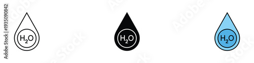 H2O water drop icon set. Pure liquid molecule and hydration symbol. Vector Illustration.