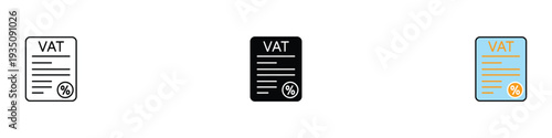 VAT tax document icon set. Value Added Tax billing and financial statement symbol. Vector Illustration.