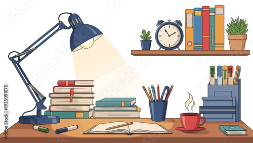 Cozy and organized workspace interior featuring a desk lamp stacks of books stationery an alarm clock and a hot cup of coffee.