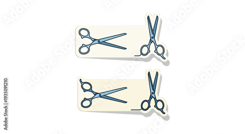 Two pairs of scissors are displayed on rectangular stickers creating a minimalist and modern aesthetic silhouette high quality professional detailed elegant