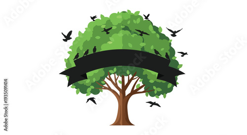 A vibrant green tree with birds in flight and a dark ribbon banner presented as a striking silhouette high quality professional