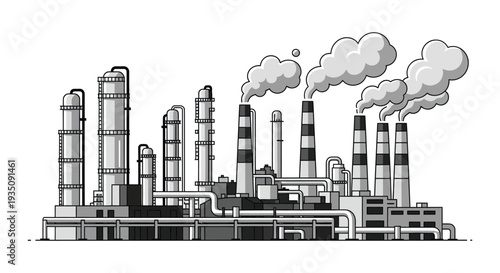 An industrial landscape depicting oil refineries and smokestacks emitting pollution rendered as a striking silhouette high quality professional detailed modern elegant