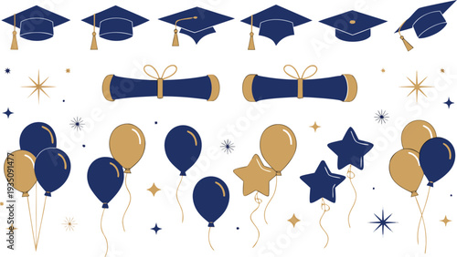 Celebratory graduation balloons and caps with stars and diplomas