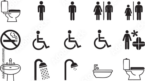 Black and white bathroom including toilets sinks showers and people bathroom toilet restroom signs