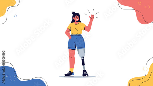 Young woman with a prosthetic leg standing confidently in casual clothes and waving her hand with a friendly happy smile.