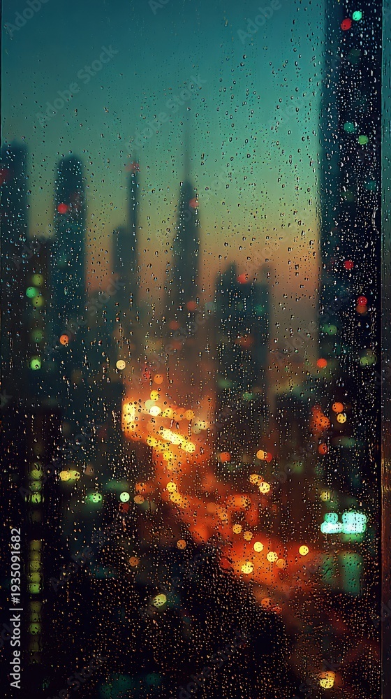 Fototapeta premium Pixelated Cityscape At Night Through Rain Streaked Window