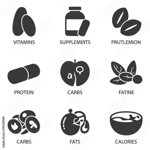 A graphic illustration of various nutrition icons on a white background silhouette