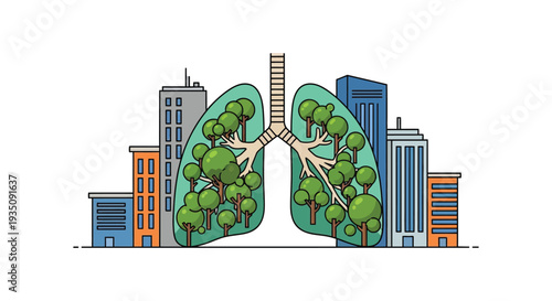 A stylized cityscape is creatively shaped like human lungs depicting environmental health and urban ecology a unique silhouette high quality
