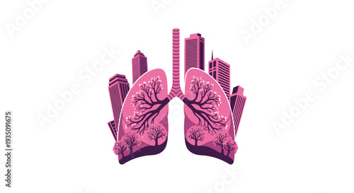 A vibrant depiction of lungs shaped like a city skyline symbolizing urban health and environmental awareness silhouette high quality professional detailed