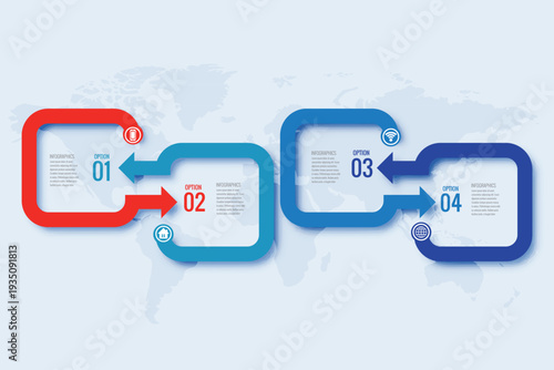 Infographic template with four steps and colorful rectangular boxes.