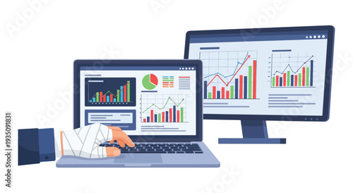 Data analysis and visualization on dual monitors featuring a hand interacting with a laptop silhouette high quality professional detailed modern elegant
