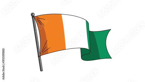 National flag of Ivory Coast with vertical stripes of orange white and green waving on a metallic flagpole over white.