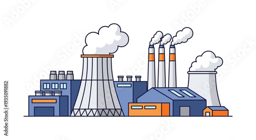 An industrial cityscape with factory buildings and smokestacks emitting plumes of smoke depicted as a bold silhouette high quality professional detailed