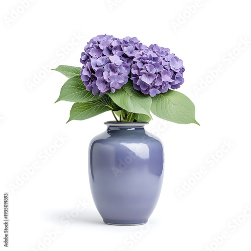 Elegant Purple Hydrangea Arrangement in Smooth Ceramic Vase on Bright Background