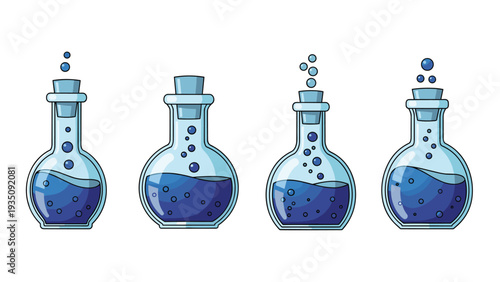 Set of glass chemical flasks or magic potion bottles with bubbling blue liquid and cork stoppers on white background.
