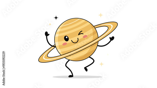 Happy cartoon Saturn planet character with a smiling face and winking eye dancing with its rings on a white background.